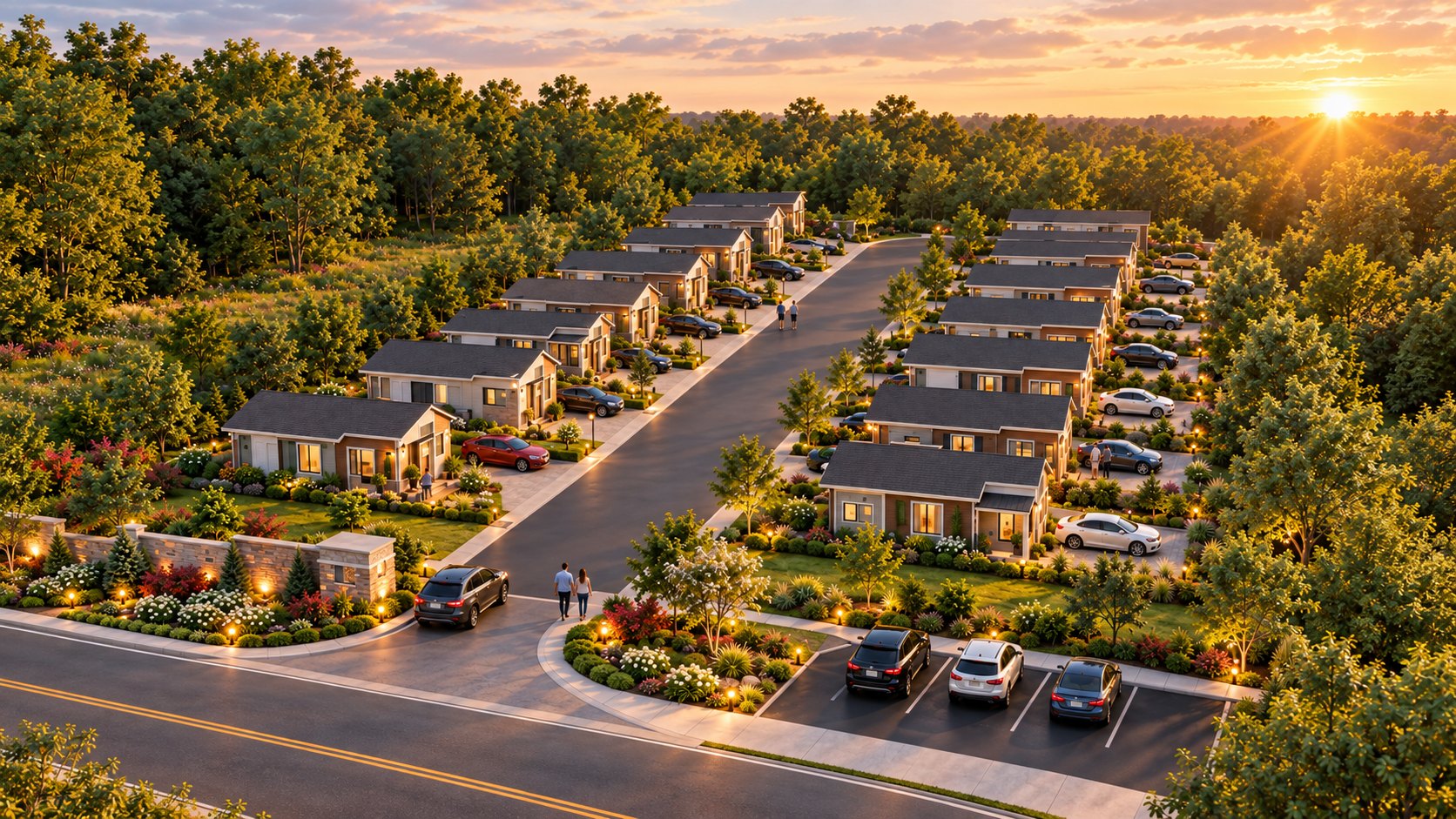 Aerial rendering of a new residential community of modern homes along a landscaped street at sunset