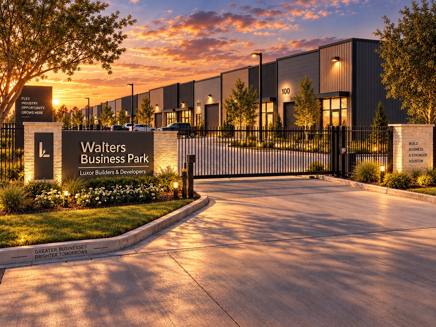 Walters Business Park gated entrance with modern commercial buildings and illuminated landscaping at sunset